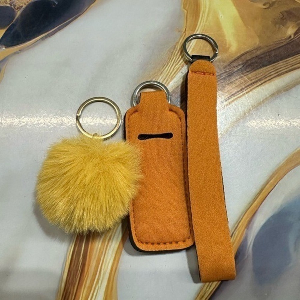 NEW keychain set lip balm holder & wristlet (5 inches) & pom pom